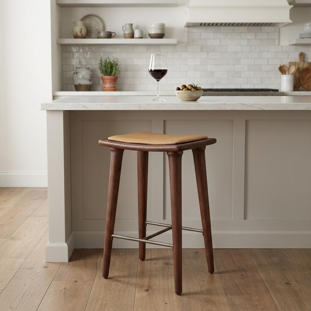 24" Cream And Brown Genuine Leather And Solid Wood Backless Counter Height Bar Chair HomeRoots
