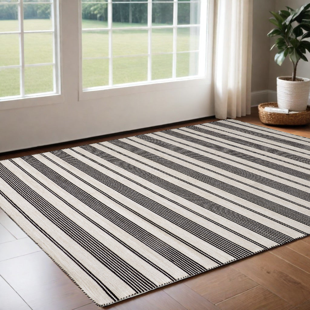 2' X 3' Black And White Striped Dhurrie Hand Woven Stain Resistant Area Rug - 47.24" (L) x 47.24" (W) x 0.24" (H)