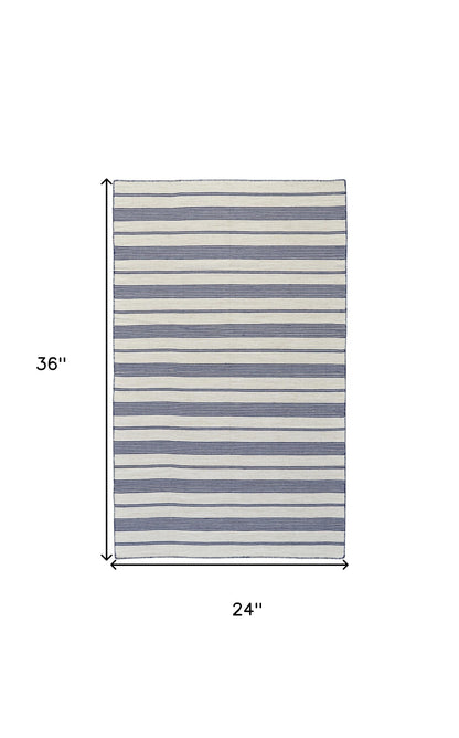 2' X 3' Blue And Ivory Striped Dhurrie Hand Woven Stain Resistant Area Rug - 45.0" (L) x 69.0" (W) x 0.32" (H)