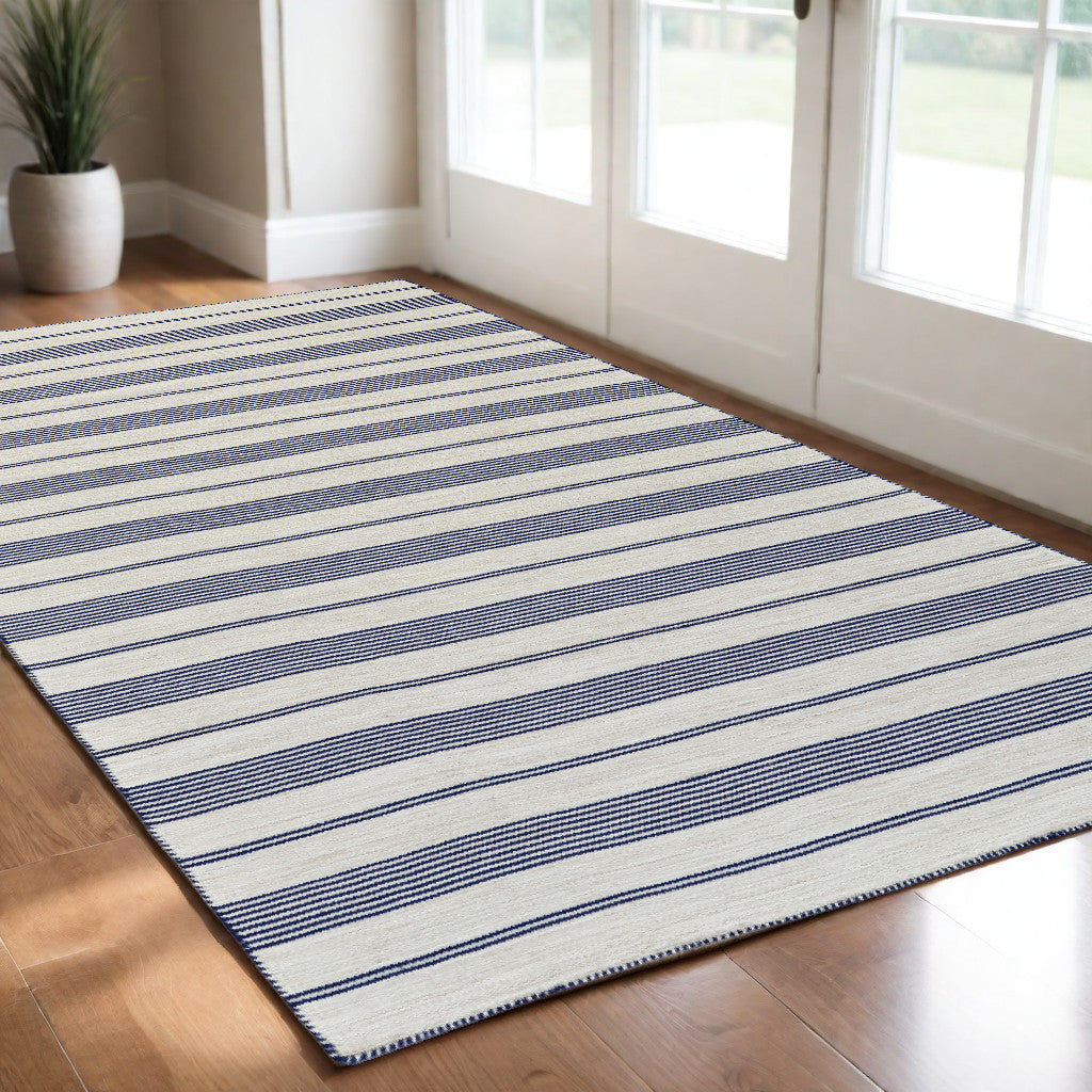 2' X 3' Blue And Ivory Striped Dhurrie Hand Woven Stain Resistant Area Rug - 45.0" (L) x 69.0" (W) x 0.32" (H)