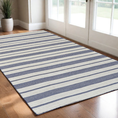 2' X 3' Blue And Ivory Striped Dhurrie Hand Woven Stain Resistant Area Rug - 45.0" (L) x 69.0" (W) x 0.32" (H)