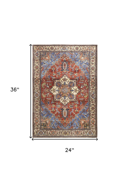 2' X 3' Blue Red And Ivory Floral Area Rug - 47.24" (L) x 47.24" (W) x 0.55" (H)