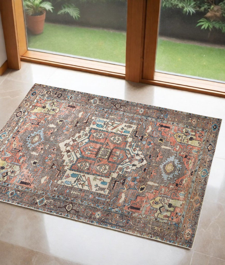 2' X 3' Taupe Red And Brown Floral Area Rug - 63.0" (L) x 89.0" (W) x 0.6" (H) FurniFindUSA