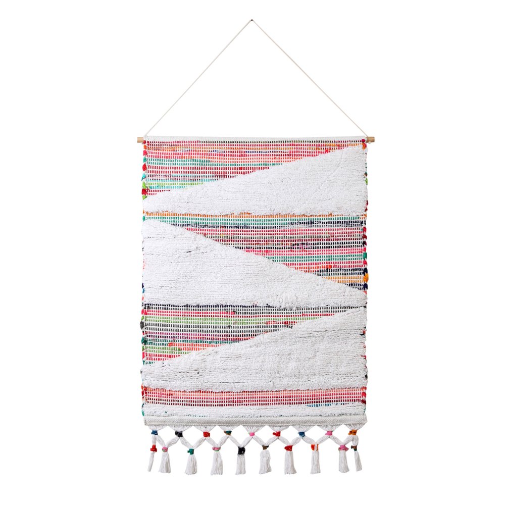 51" X 26" White Red Pink Chindi Abstract Woven Wool Hanging Tapestry