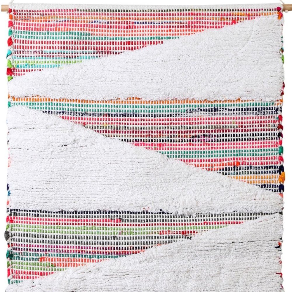 51" X 26" White Red Pink Chindi Abstract Woven Wool Hanging Tapestry