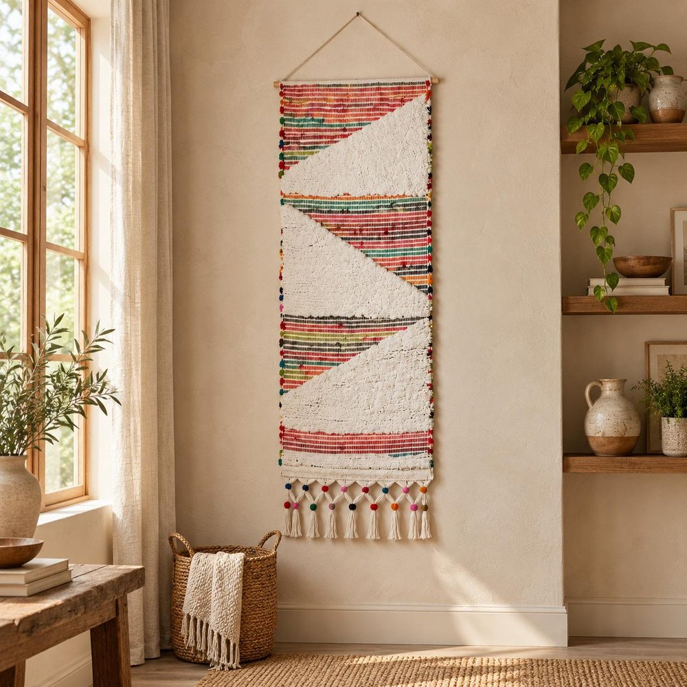 51" X 26" White Red Pink Chindi Abstract Woven Wool Hanging Tapestry — view 7