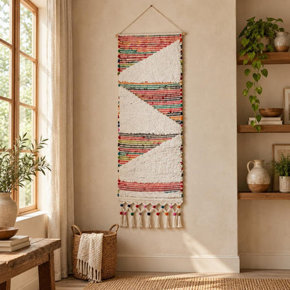 51" X 26" White Red Pink Chindi Abstract Woven Wool Hanging Tapestry