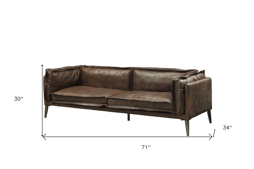 71" Chocolate And Silver Top Grain Leather Loveseat HomeRoots