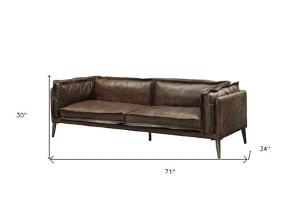 71" Chocolate And Silver Top Grain Leather Loveseat HomeRoots