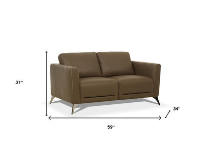 59" Brown And Silver Leather Loveseat HomeRoots