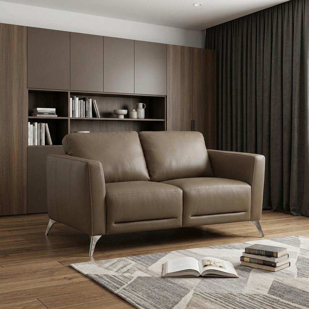 59" Brown And Silver Leather Loveseat HomeRoots