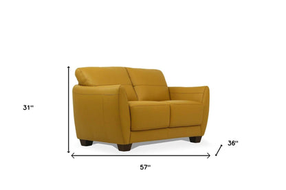 57" Mustard Leather And Black Love Seat - FurniFindUSA