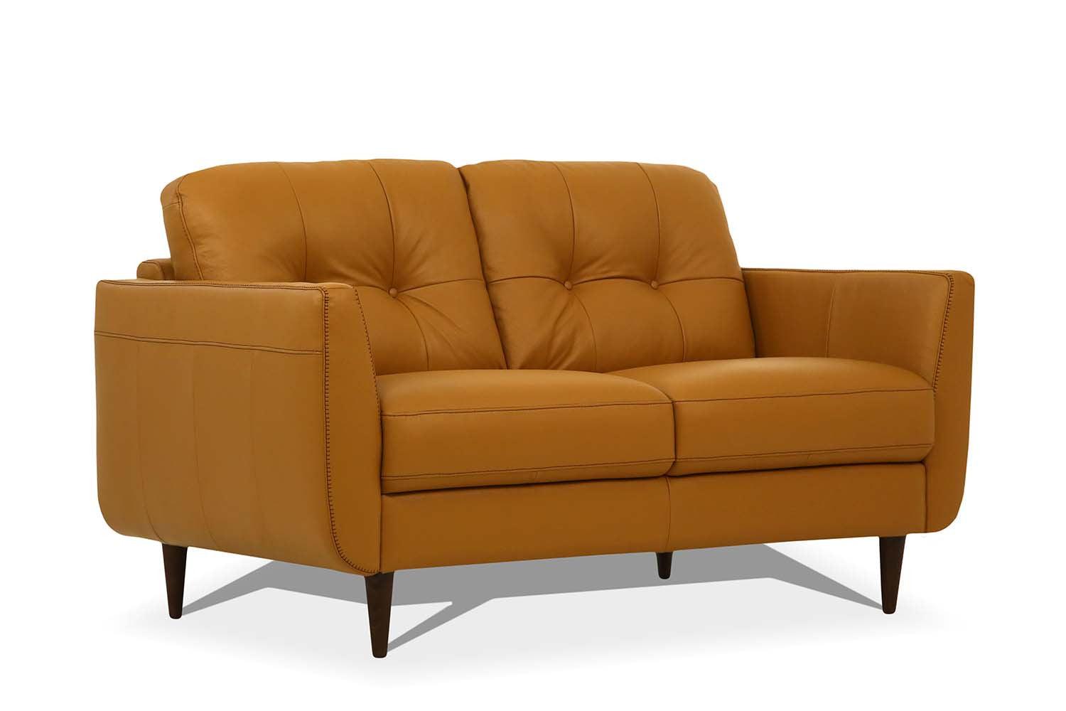 59" Camel Leather And Black Love Seat - FurniFindUSA