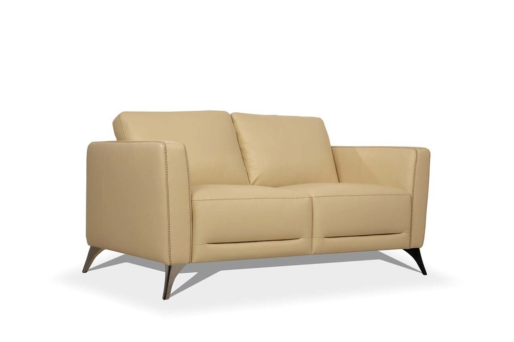 59" Cream And Silver Leather Loveseat HomeRoots