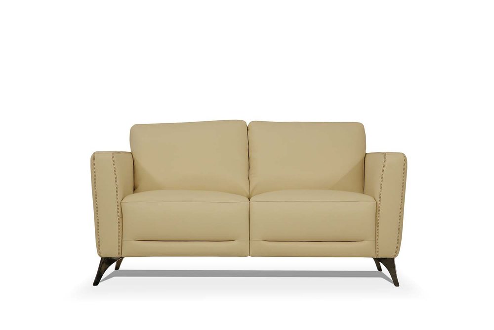 59" Cream And Silver Leather Loveseat HomeRoots