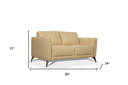 59" Cream And Silver Leather Loveseat HomeRoots