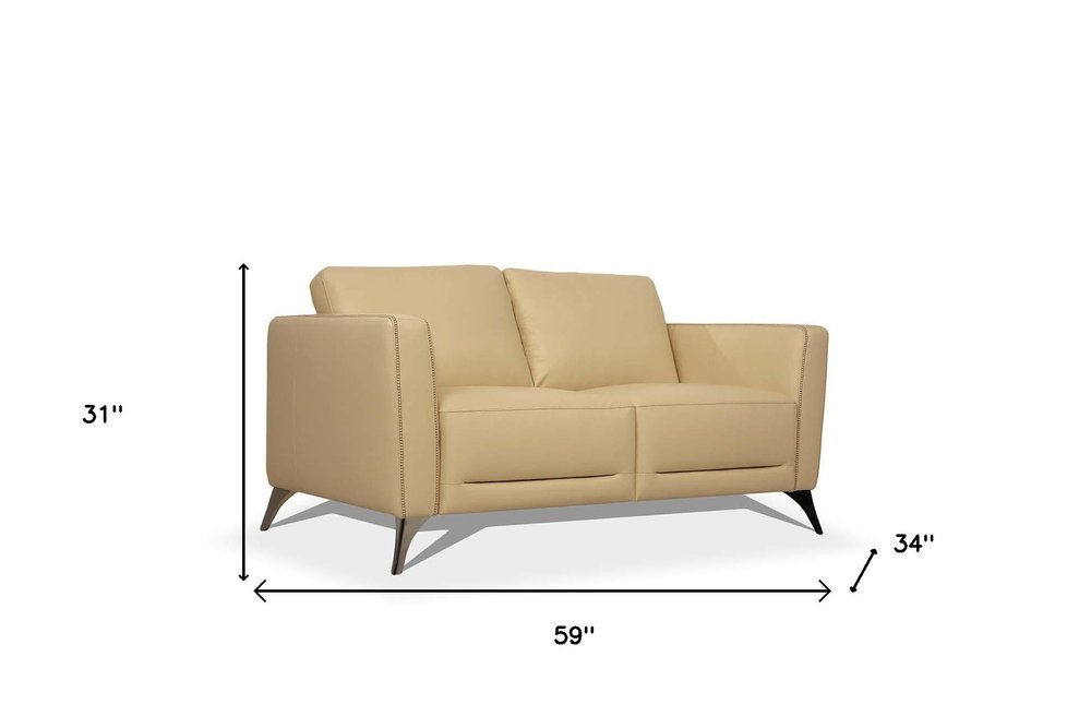 59" Cream And Silver Leather Loveseat HomeRoots