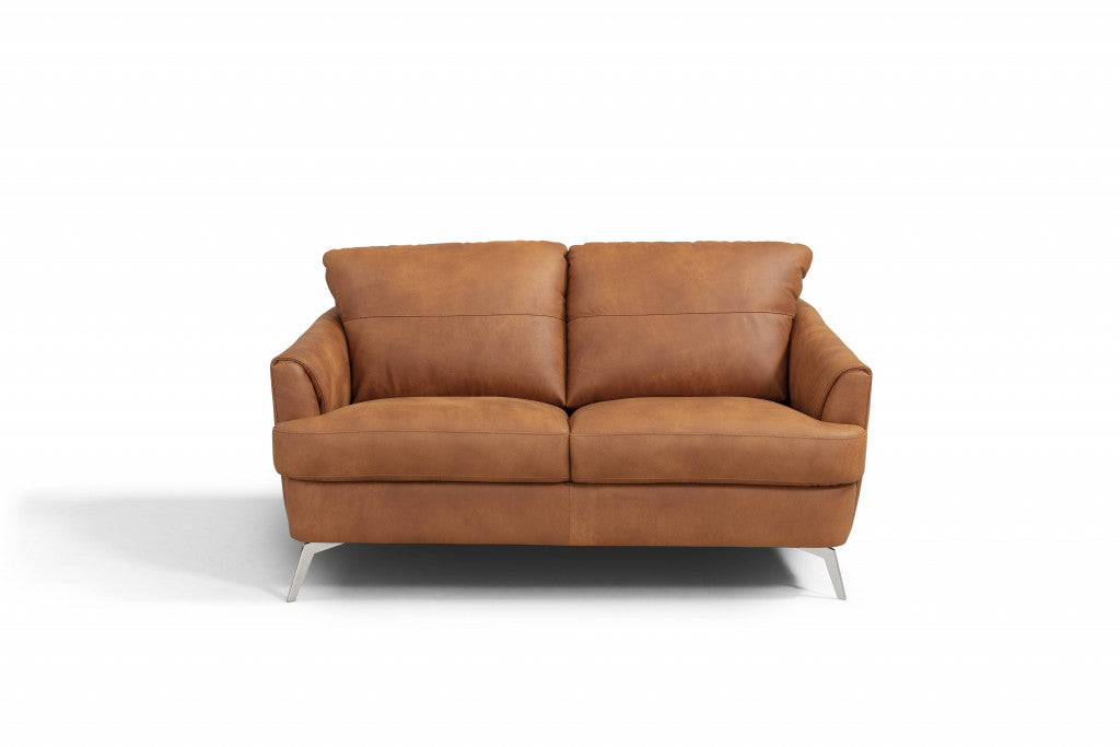 59" Camel Leather And Black Love Seat - FurniFindUSA