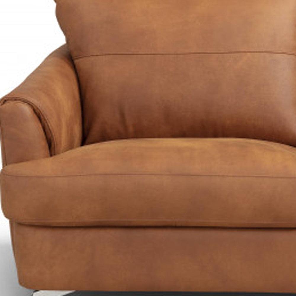 59" Camel Leather And Black Love Seat - FurniFindUSA