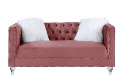 65" Pink And Silver Velvet Love Seat and Toss Pillows - FurniFindUSA