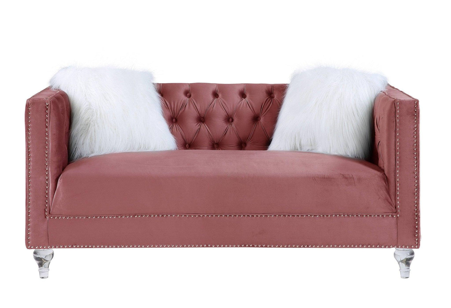65" Pink And Silver Velvet Love Seat and Toss Pillows - FurniFindUSA