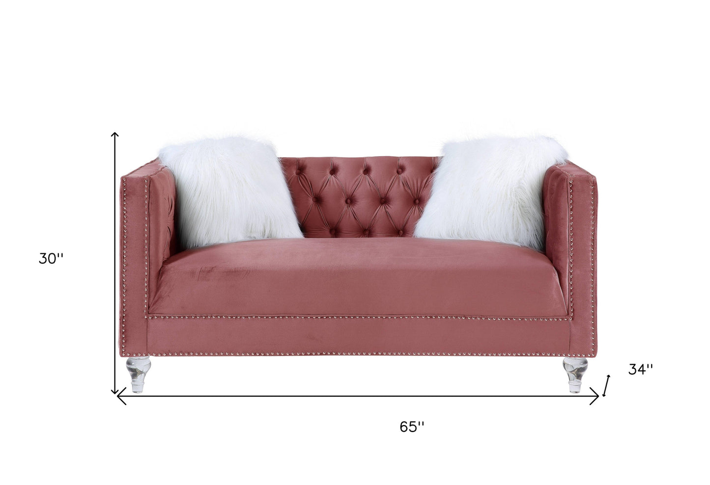 65" Pink And Silver Velvet Love Seat and Toss Pillows - FurniFindUSA