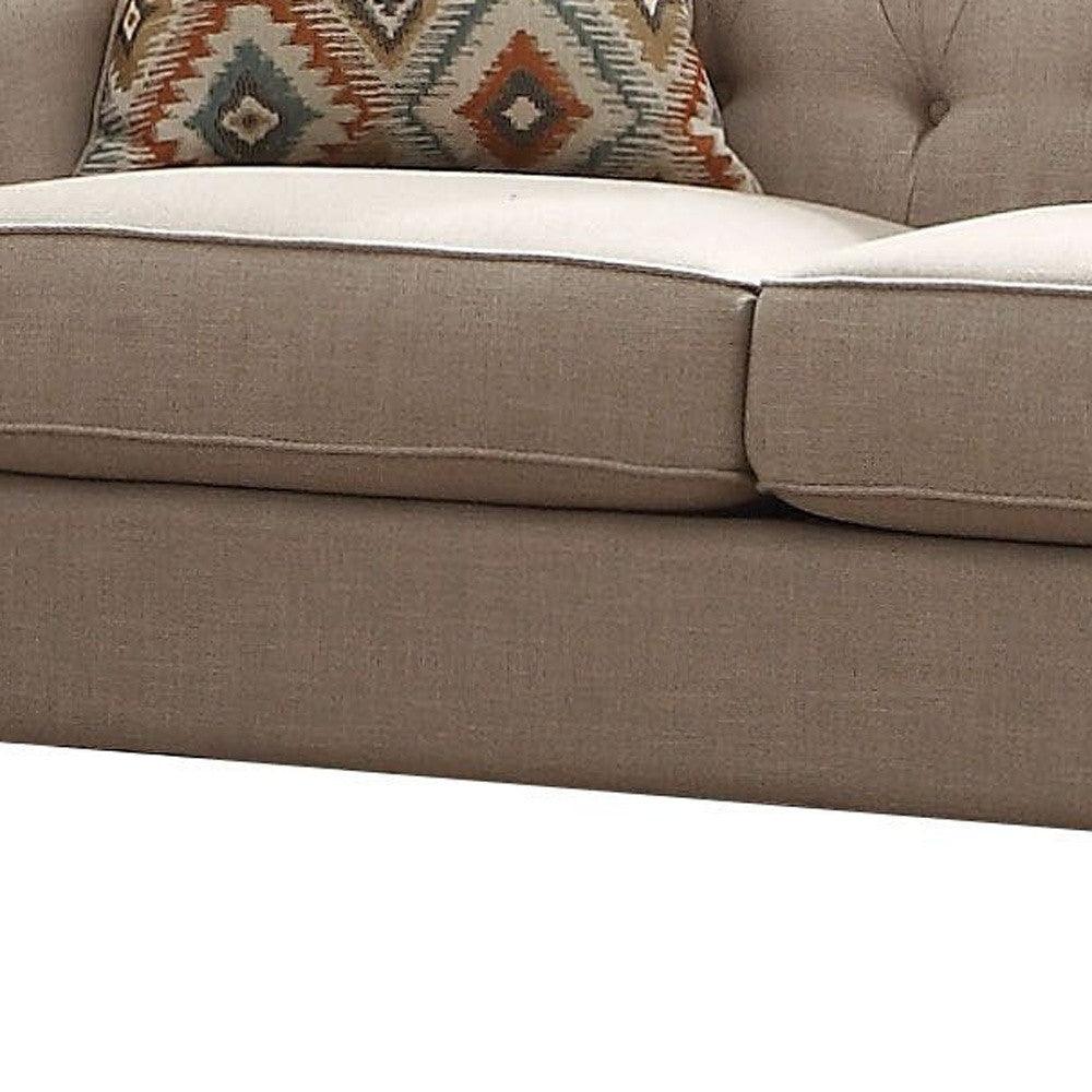 61" Beige And Dark Brown Linen Curved Loveseat and Toss Pillows - FurniFindUSA