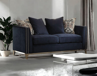 71" Blue And Silver Velvet Loveseat and Toss Pillows - FurniFindUSA