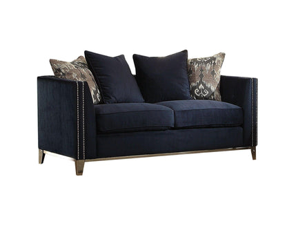 71" Blue And Silver Velvet Loveseat and Toss Pillows - FurniFindUSA