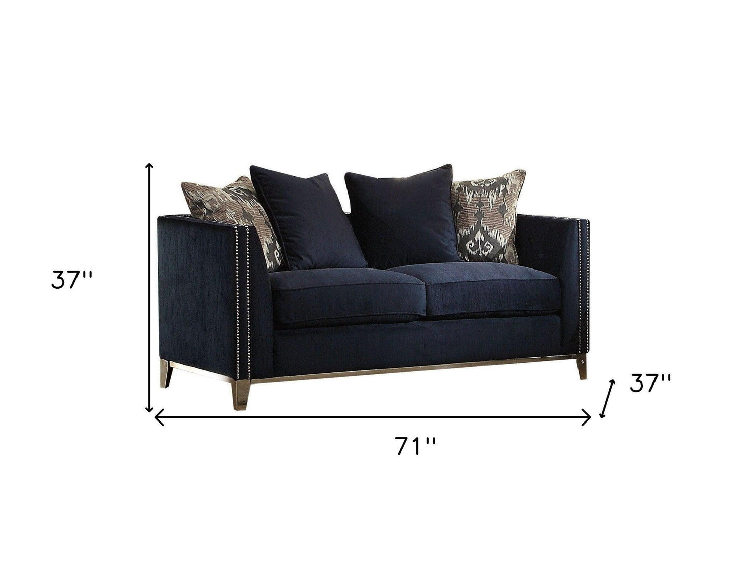 71" Blue And Silver Velvet Loveseat and Toss Pillows - FurniFindUSA