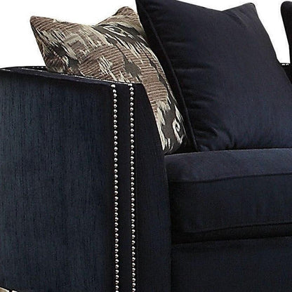 71" Blue And Silver Velvet Loveseat and Toss Pillows - FurniFindUSA