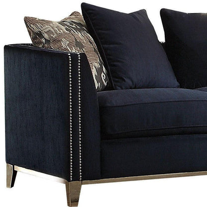 71" Blue And Silver Velvet Loveseat and Toss Pillows - FurniFindUSA