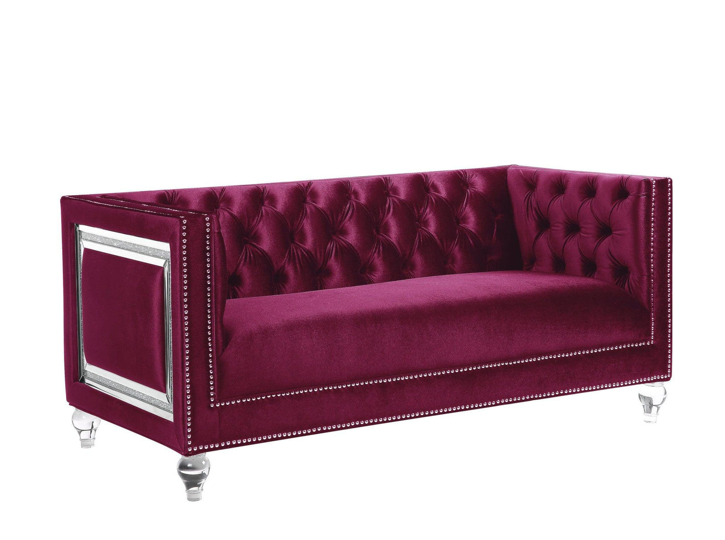 67" Burgundy And Silver Velvet Loveseat and Toss Pillows - FurniFindUSA