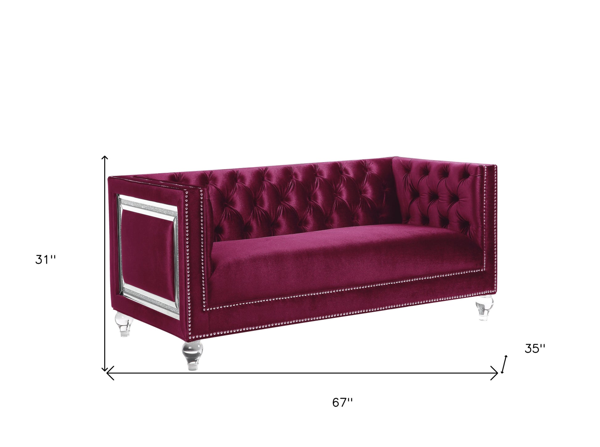 67" Burgundy And Silver Velvet Loveseat and Toss Pillows - FurniFindUSA