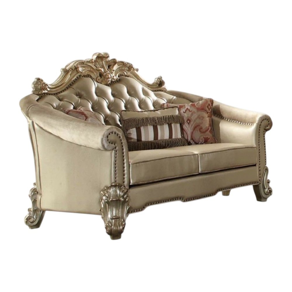 67" Bone And Gold Faux Leather Loveseat and Toss Pillows HomeRoots