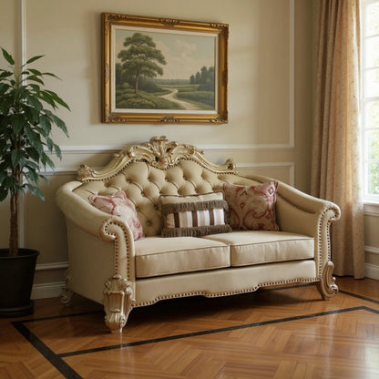 67" Bone And Gold Faux Leather Loveseat and Toss Pillows HomeRoots