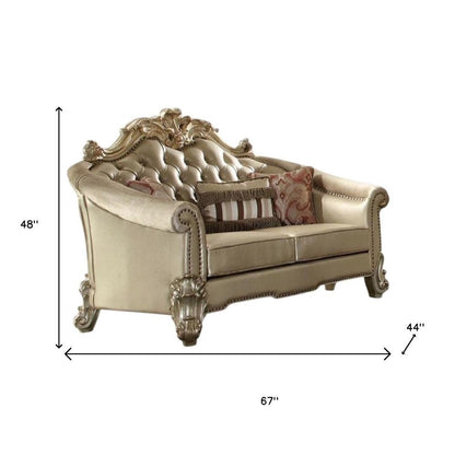 67" Bone And Gold Faux Leather Loveseat and Toss Pillows HomeRoots