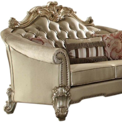67" Bone And Gold Faux Leather Loveseat and Toss Pillows HomeRoots