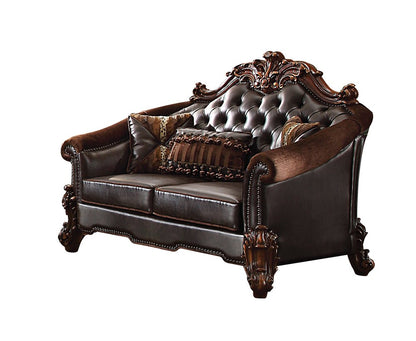 66" Brown And Dark Brown Chenille And Faux Leather Loveseat and Toss Pillows HomeRoots