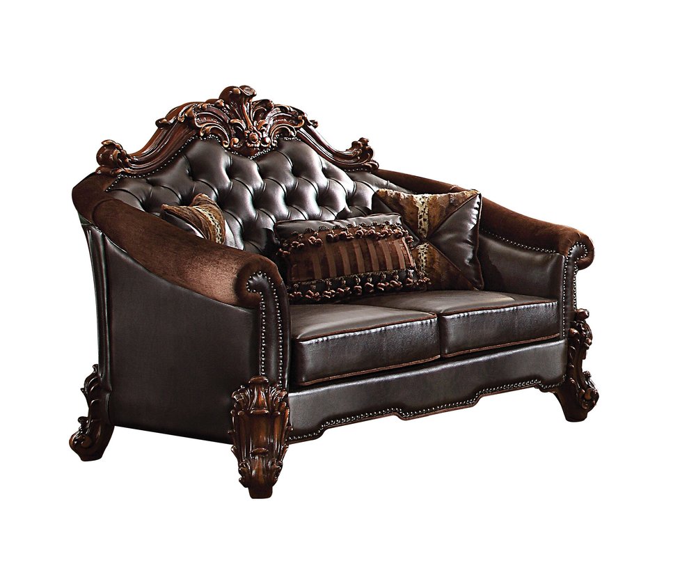 66" Brown And Dark Brown Chenille And Faux Leather Loveseat and Toss Pillows HomeRoots