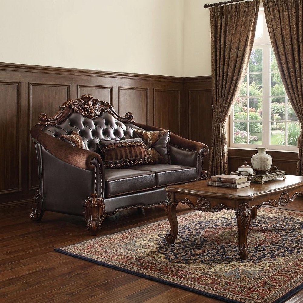 66" Brown And Dark Brown Chenille And Faux Leather Loveseat and Toss Pillows HomeRoots
