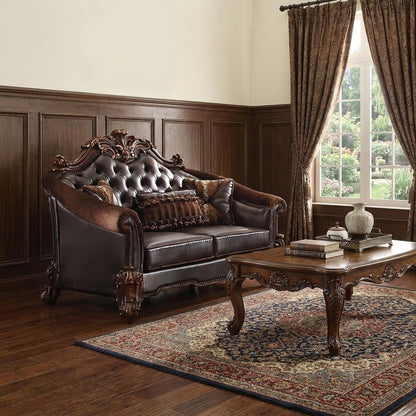 66" Brown And Dark Brown Chenille And Faux Leather Loveseat and Toss Pillows HomeRoots