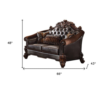 66" Brown And Dark Brown Chenille And Faux Leather Loveseat and Toss Pillows HomeRoots