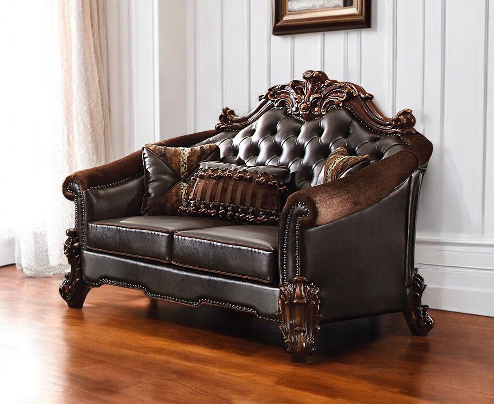 66" Brown And Dark Brown Chenille And Faux Leather Loveseat and Toss Pillows HomeRoots