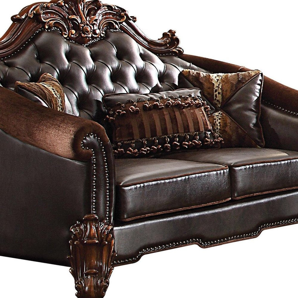 66" Brown And Dark Brown Chenille And Faux Leather Loveseat and Toss Pillows HomeRoots