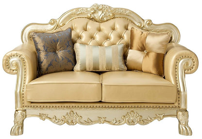 64" Bone And Gold Faux Leather Loveseat and Toss Pillows HomeRoots