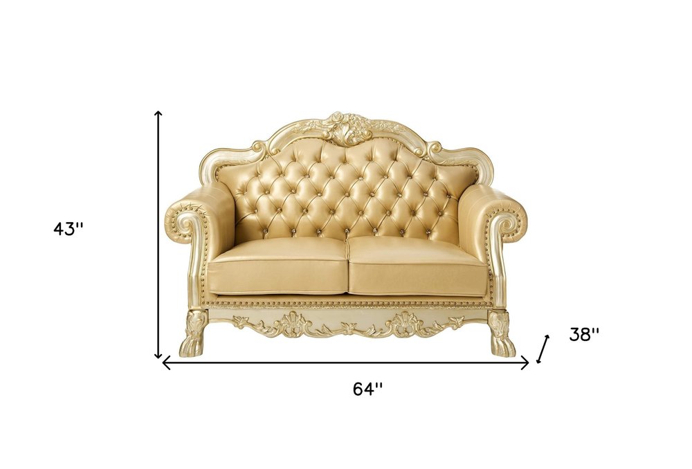 64" Bone And Gold Faux Leather Loveseat and Toss Pillows HomeRoots