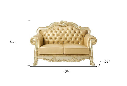 64" Bone And Gold Faux Leather Loveseat and Toss Pillows HomeRoots