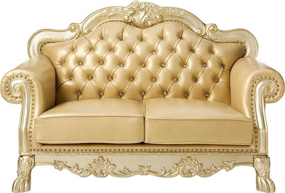 64" Bone And Gold Faux Leather Loveseat and Toss Pillows HomeRoots