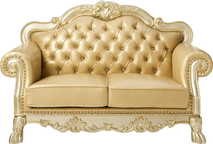 64" Bone And Gold Faux Leather Loveseat and Toss Pillows HomeRoots